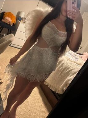 Vintage PLAYBOY Silver Sequin Feather Trim Mini Dress